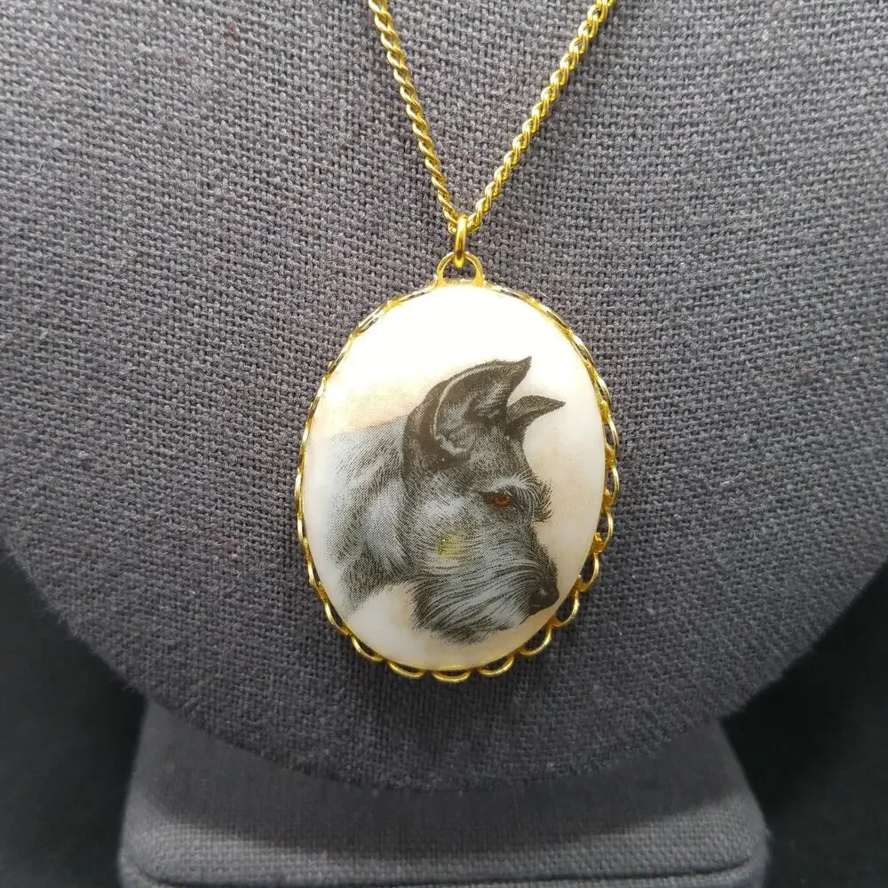 1960s Schnauzer Dog Pendant Necklace Ceramic Portrait Gold Tone Vintage Jewelry
